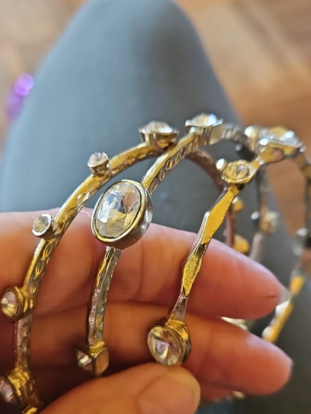 Gold-Tone Textured Hammered Bangles With Clear Rhinestones Multiple Styles. - Picture 7 of 7